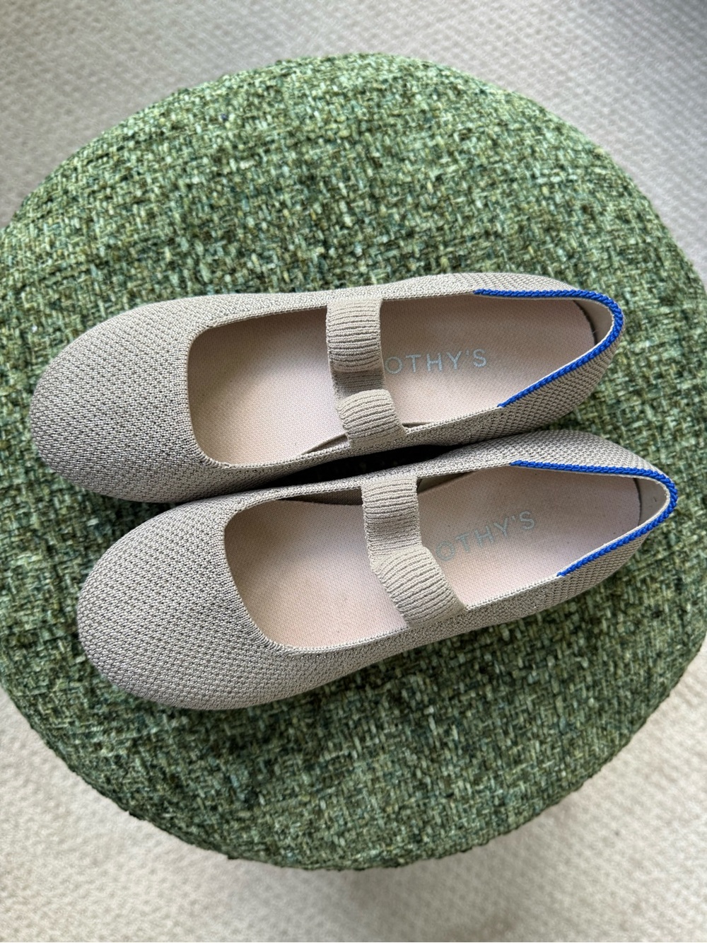 Rothy's Beige Knit Mary Jane with Blue Trim for Kids